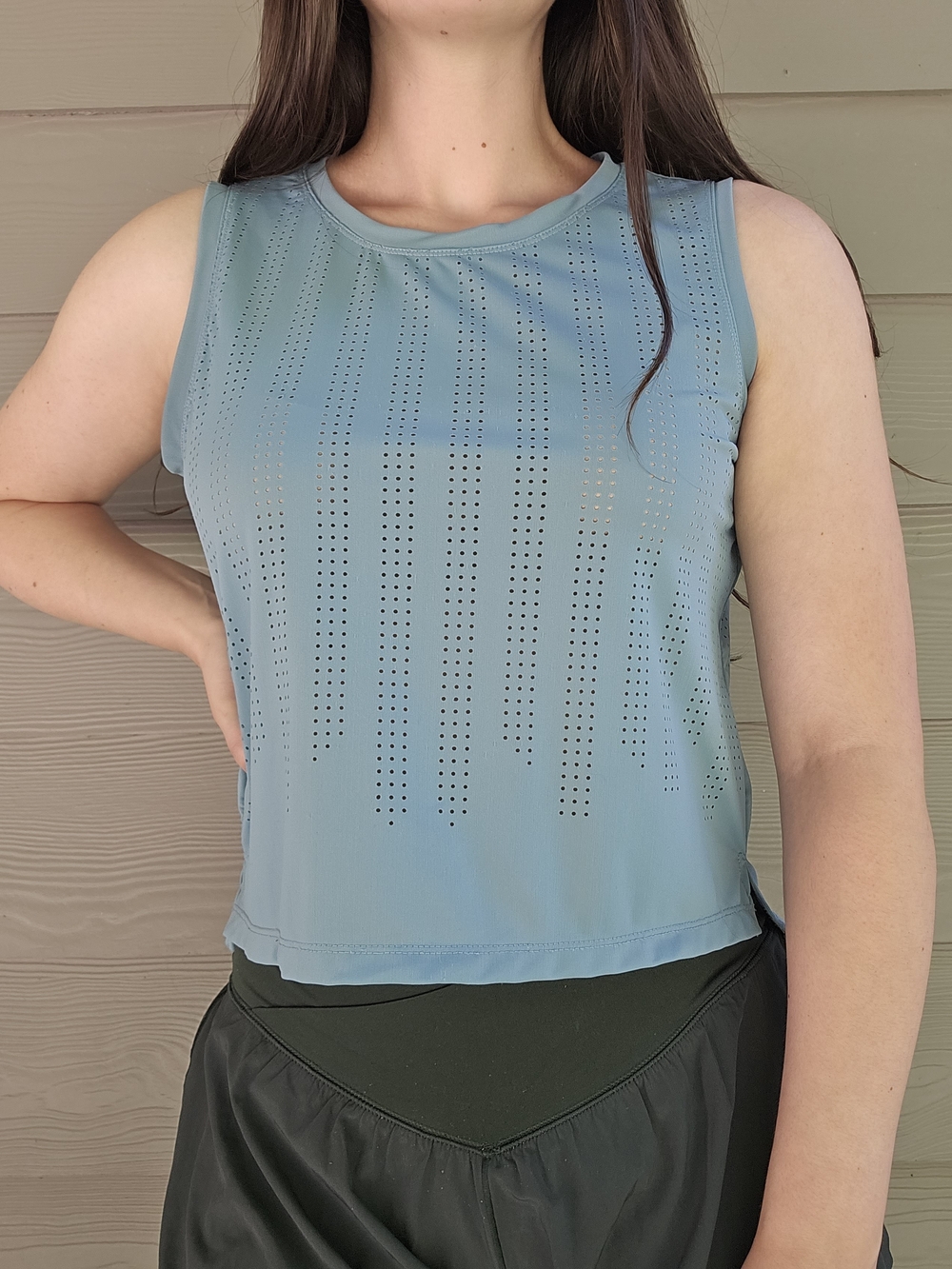 Sleeveless Perforated Athletic Tank Top - Dusty Blue